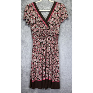 Studio 1 Midi Dress Sz 10 Medium Pink‎ Brown Retro Y2K V Neck Ruched Waist